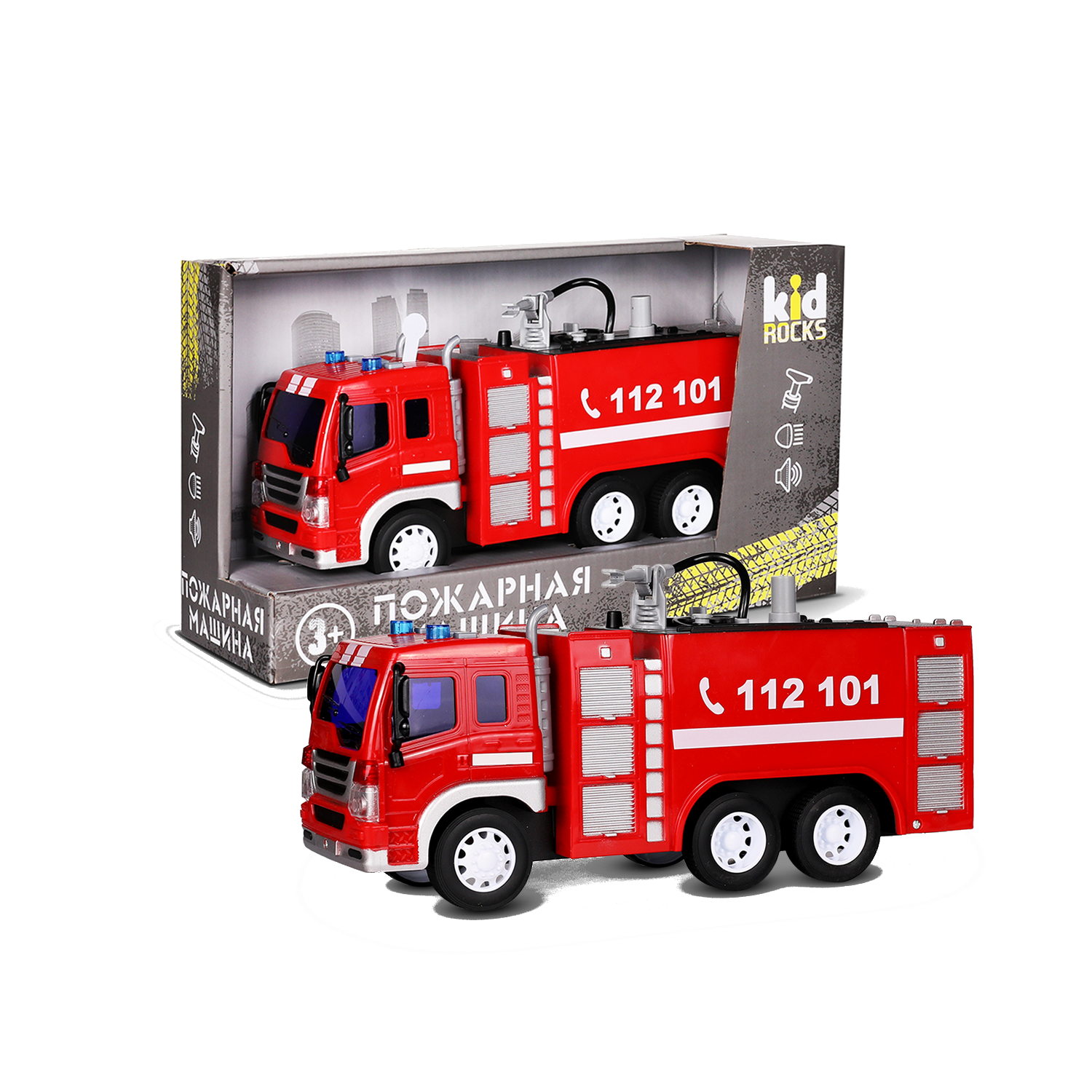 Пожарная машина игрушечная KID ROCKS 1 к 16 со звуком и светом инерционный— магазин-салютов.рус
